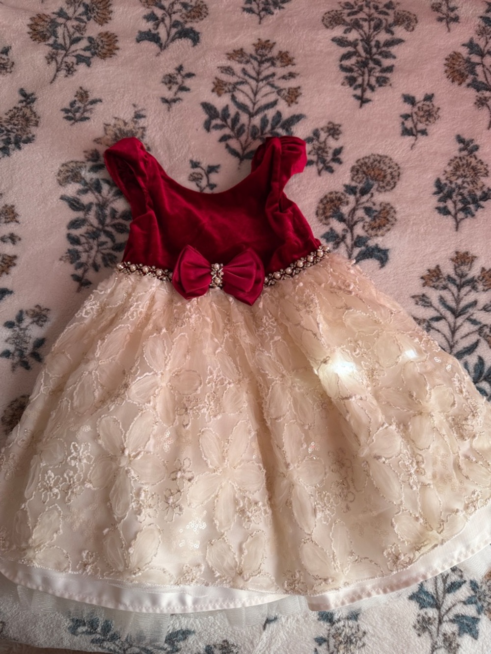 Red Velvet & Cream Lace Bow Party Dress for Girls